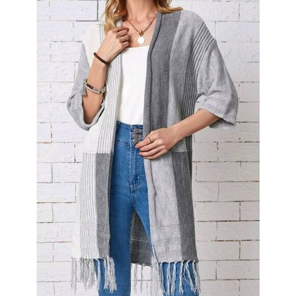 Colorblock Tassel Hem Drop Shoulder Cardigan - Picture 1 of 5